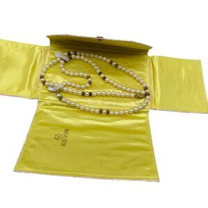 Kevin Satin Jewelry Roll Faux Pearls & Gold Tone Beads Necklace 16" READ